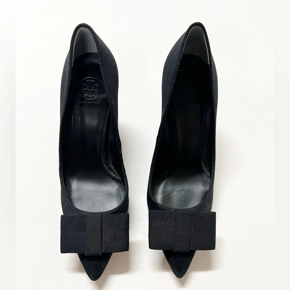 Tory Burch Aria Black Grosgrain Bow Suede Leather Pointed Toe Stiletto Heel 7M